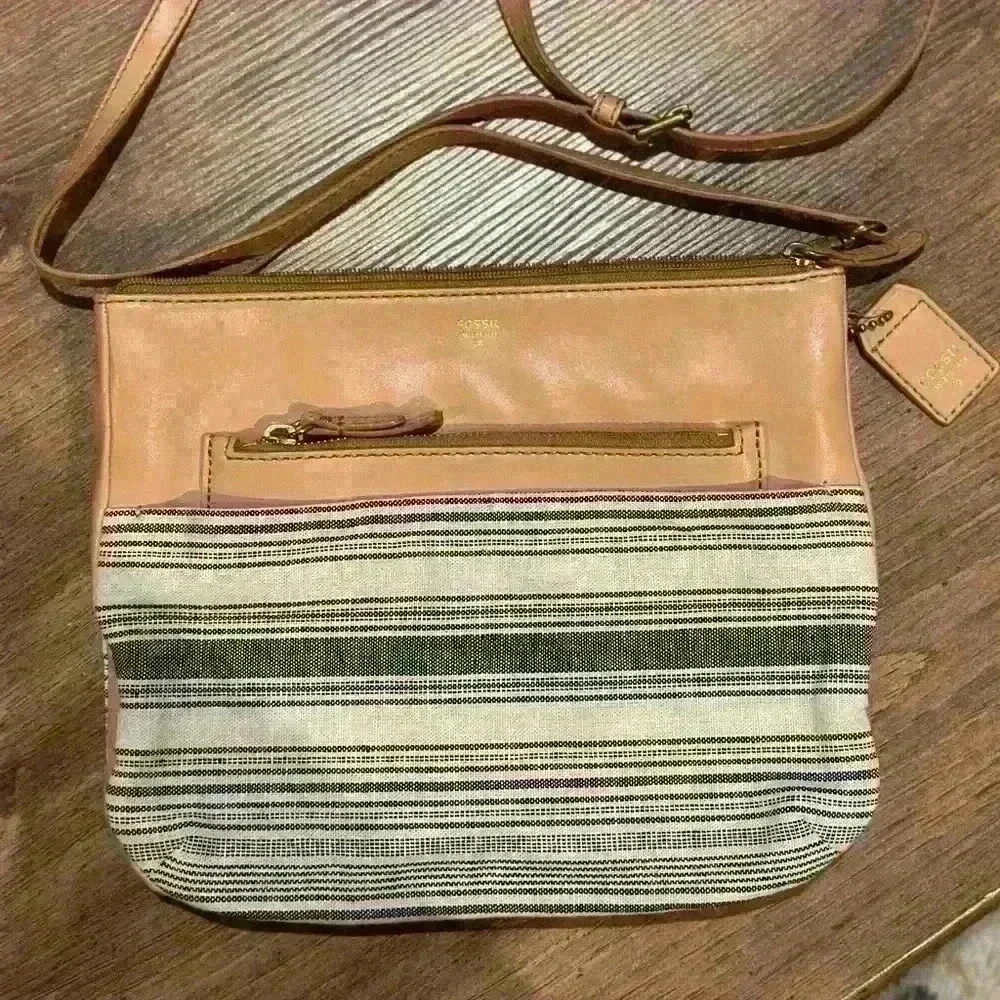 FOSSIL Issue No. 1954 Crossbody Shoulder Purse Handbag Tan with Cloth - Picture 1 of 13